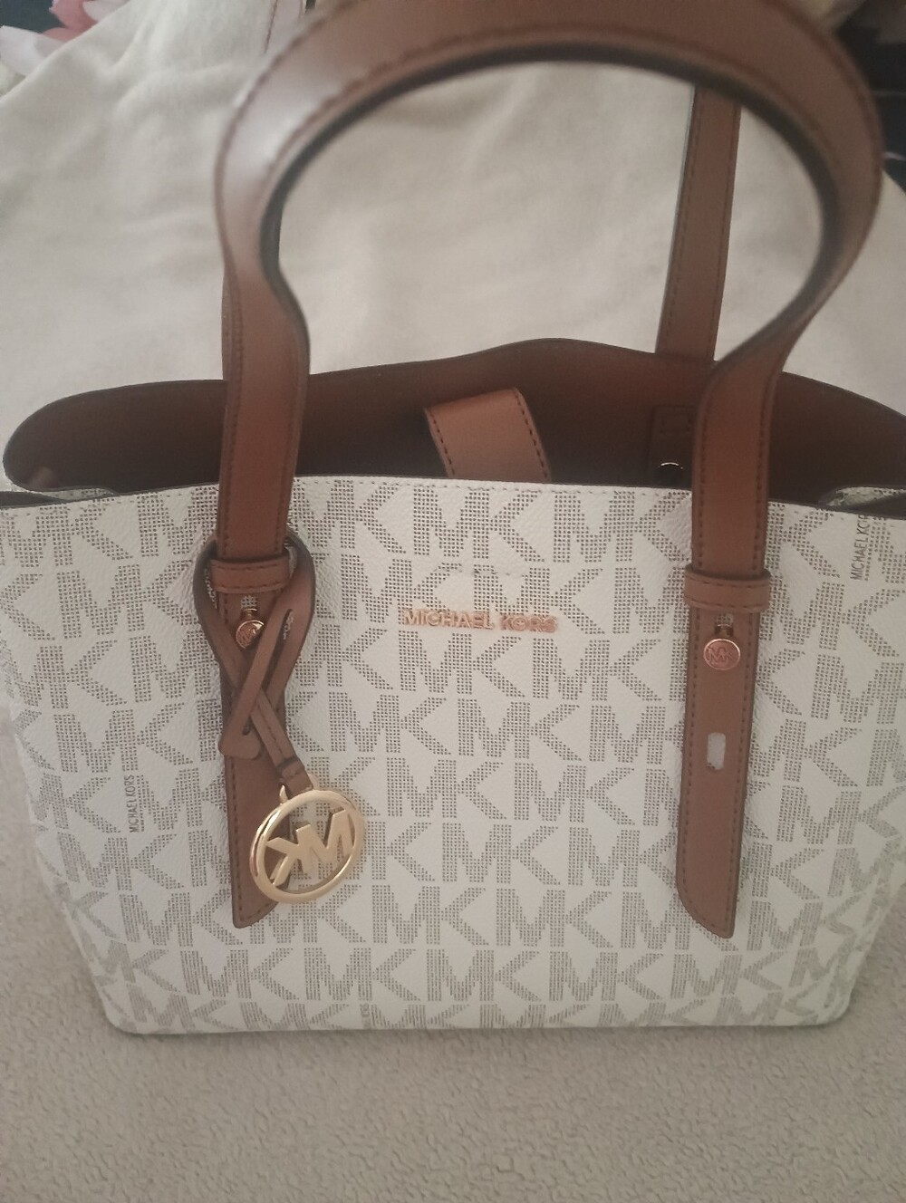 Michael Kors White & Brown Logo Tote with Gold Hardware